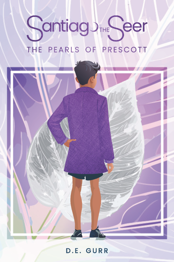 Cover image of The Pearls of Prescott showing Santiago facing away with a long purple coat on over his running shorts.